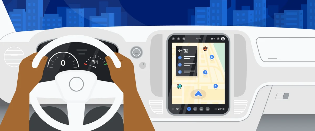 Illustration of a car interior with two hands holding the steering wheel and the display showing charging station locations on Waze.