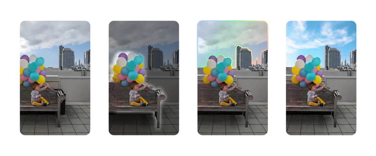 Four images showing the steps of editing a photo of a boy with balloons with Magic Editor in Google Photos.