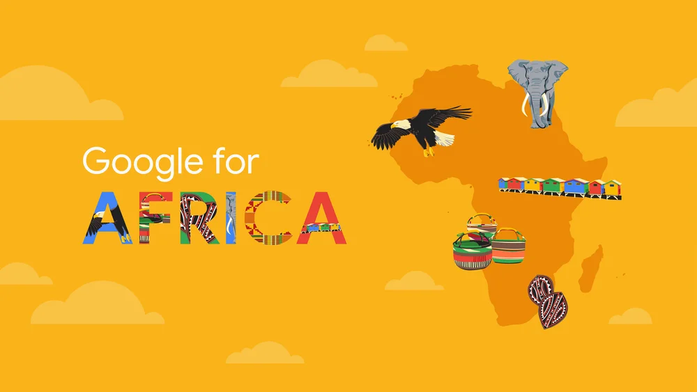 A picture that reads Google for Africa against a yellow background and an outline of Africa with various local illustrations floating over it (a bird, baskets, homes)