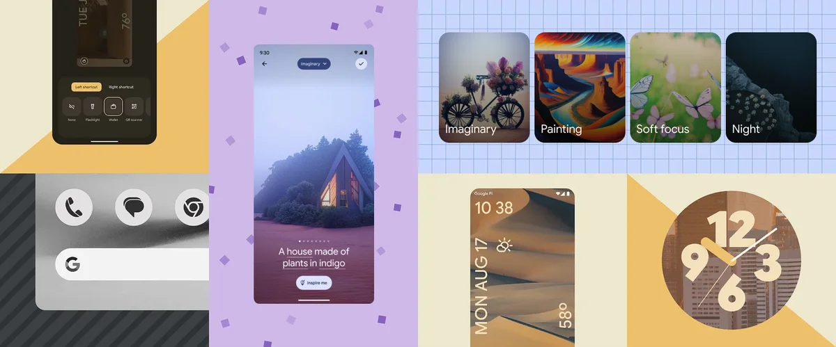 Various UX and design elements from Android 14 features including new clocks, monochrome themes, generative AI wallpapers, and custom lock screen shortcuts.