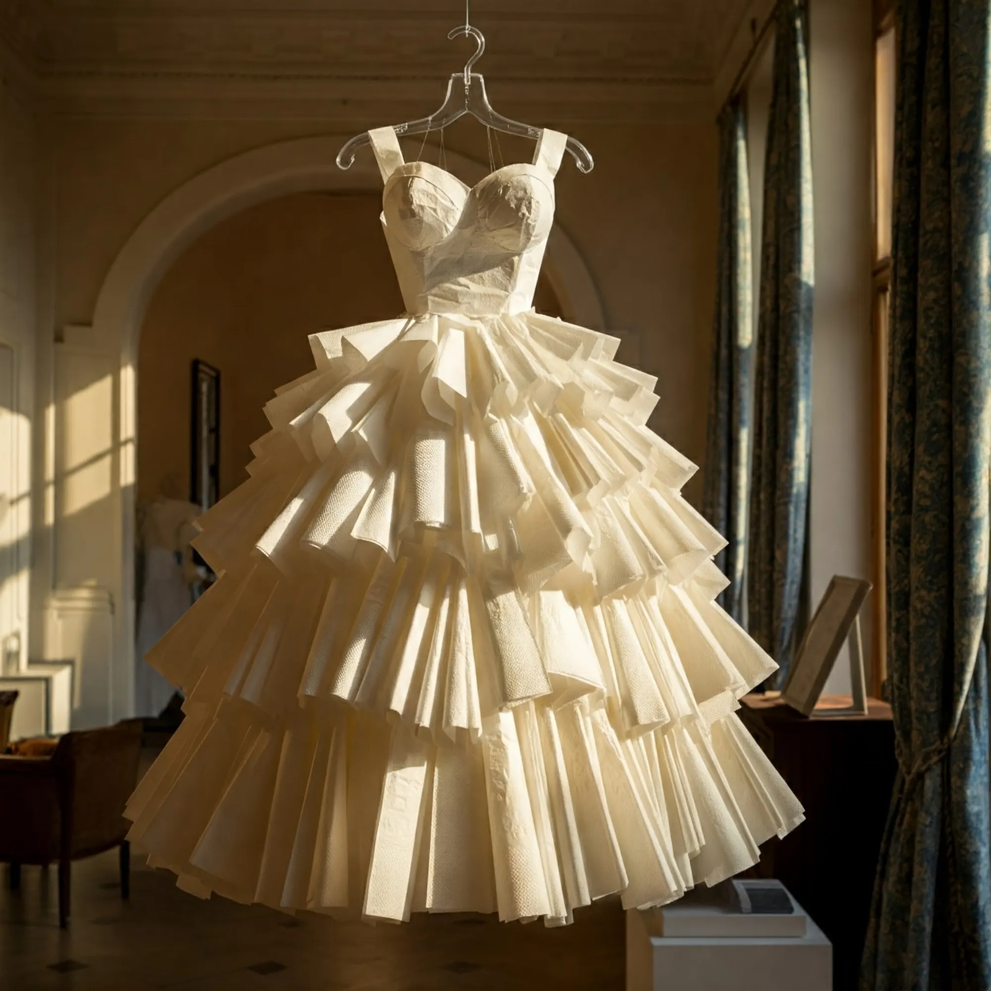 An image of a ball gown made of paper napkins in an elegant showroom.