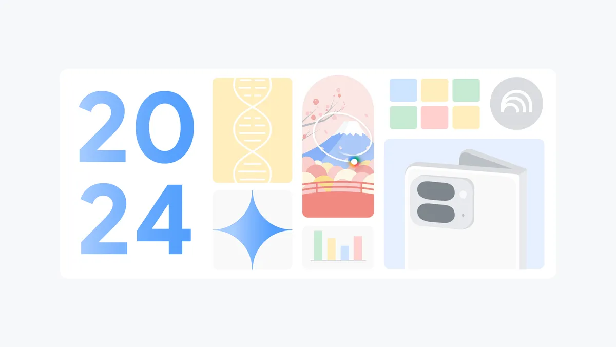 A composite of illustrations including the year number 2024, a blue sparkle icon, a phone, a bar graph and more.