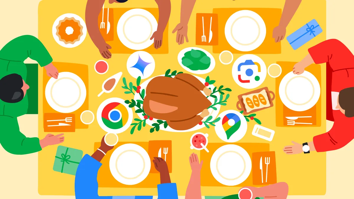 An illustrated overhead view of six people sitting around a yellow table with a roasted turkey in the center, decorated with a sprig of holly. The people are holding hands. Various Google product icons are incorporated in the image.