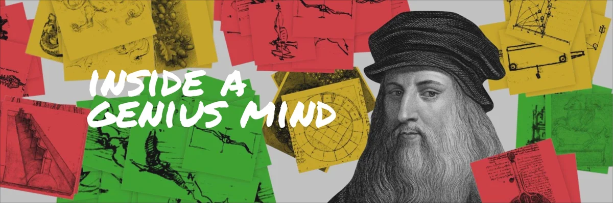 A black and white image of da Vinci with colorful stickies featuring drawings in the background