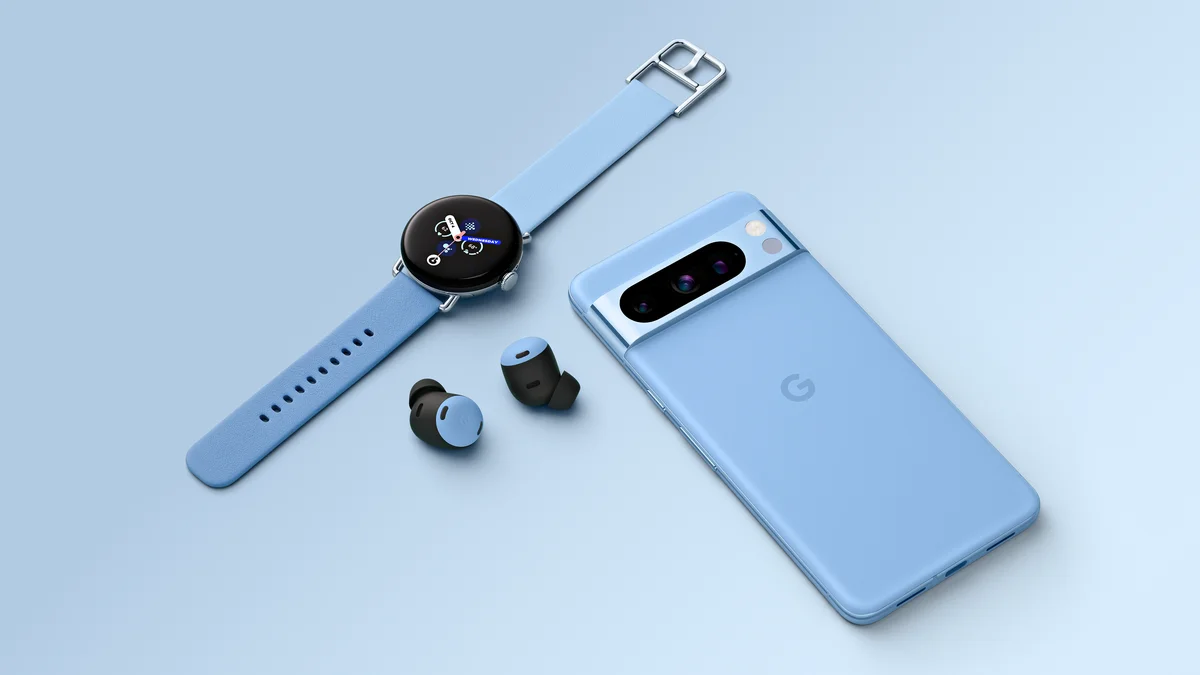 Image of Pixel 8 Pro, Pixel Buds Pro and Pixel Watch 2 in the colour Bay.