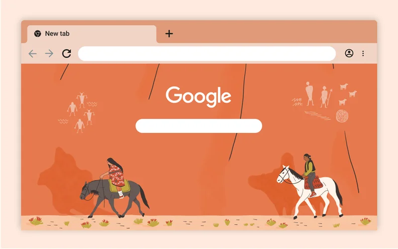 New Chrome theme of two people on horseback following each other.