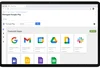 A tablet screen shows the Managed Google Play Store for a work profile, including a section for featured Google apps.