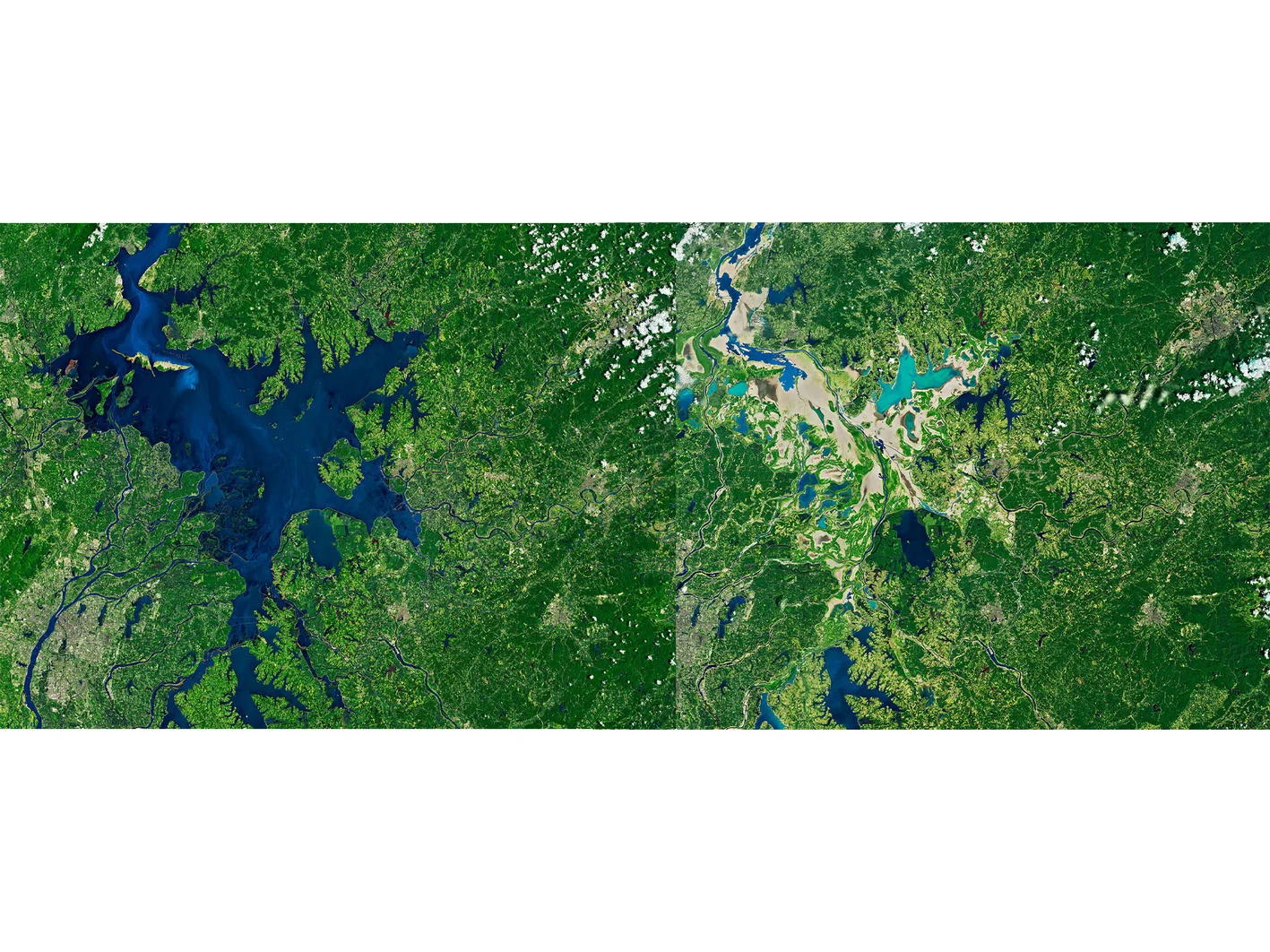 A satellite image depicting a green landscape with a large body of water and the same image without the water