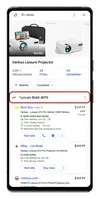 Animation showing a search for ‘shop mini projector’’ on a mobile phone, with price insights highlighting the typical price range of the product.