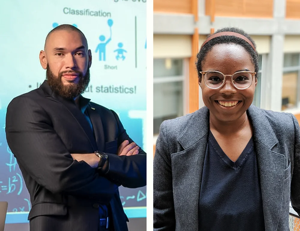 Side-by-side headshots of Rodrigo and Saadia. Rodrigo is wearing a button-up shirt and black blazer, his arms are crossed, and he is looking at the camera. Saadia is wearing a black shirt, grey blazer, brown headband, brown glasses, and she is smiling at the camera.