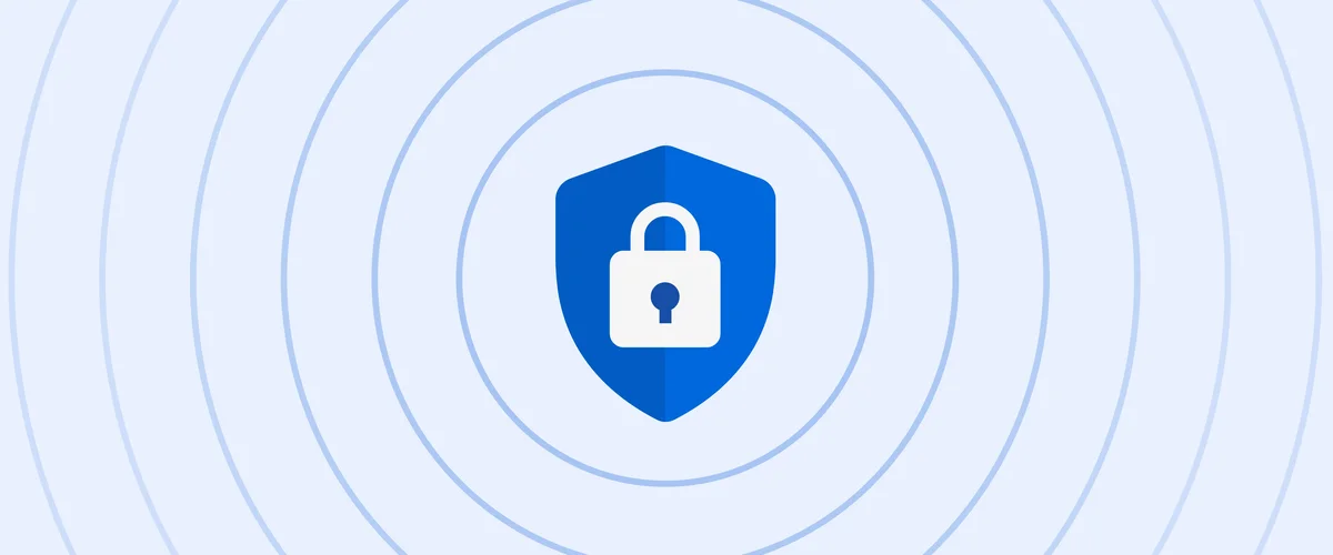 an illustrated shield in blue with a lock on it