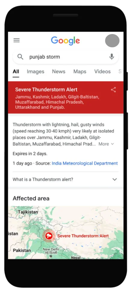 Weather alerts for severe climatic conditions on Google Search