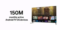 Illustration stating that there are over 150 million monthly active Android TV OS devices, on top of a TV and remote image