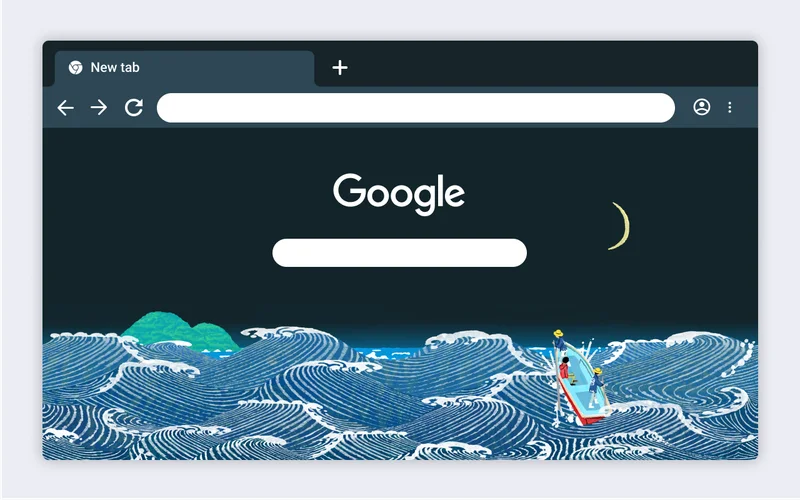 New Chrome theme of a boat trying to reach a remote island against the ocean waves.