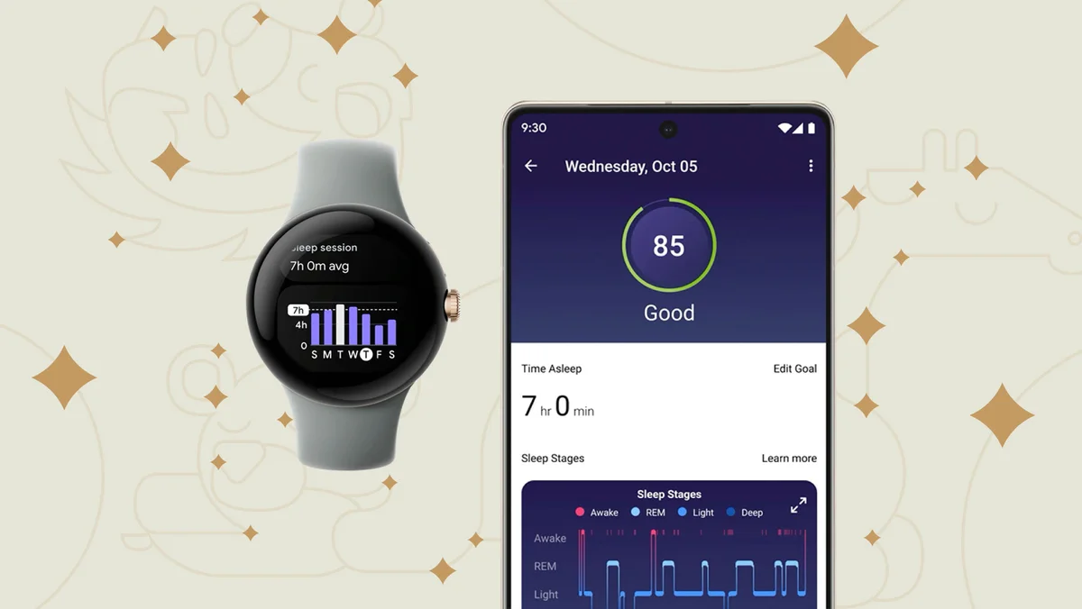 A photo of a Pixel Watch and a Pixel phone with Fitbit Sleep tracking elements pulled up on the screen. The background behind the devices is beige and illustrated with sleeping animals and stars.