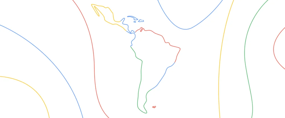 A yellow, blue, red and green line drawing showing an outline of Latin America, flanked by more abstract, curvy lines in the same colors.