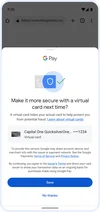A mobile phone screen that shows a prompt for the user to save their Capital One card as a virtual card number. The prompt asks the user if they want to “Make it more secure with a virtual card next time?”