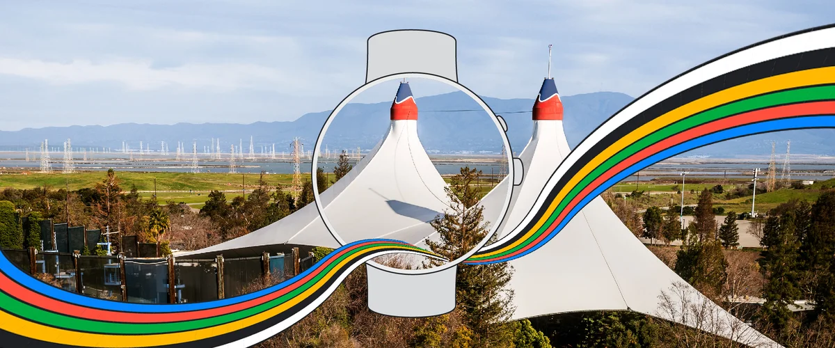 An illustrated watch outline sits in the center of a photo of Shoreline Amphitheater, with an illustrated rainbow running through it.