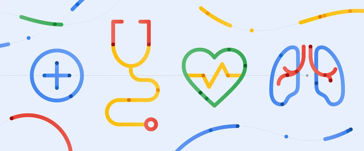 Illustration of colorful health related icons, like a heart beat, lungs and others, set against a blue background.