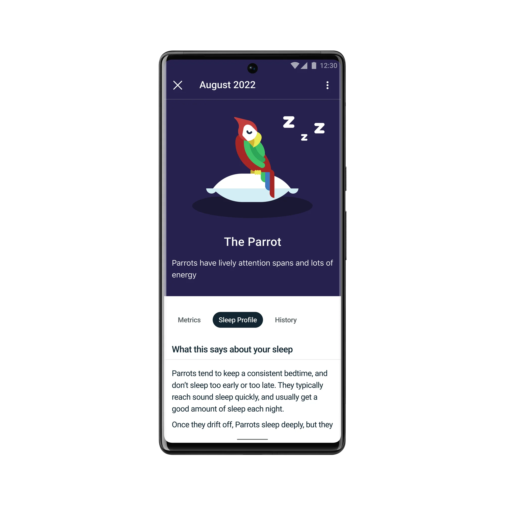 Fitbit Premium in-app screen picturing a sleeping parrot with explanations of the sleeper type.