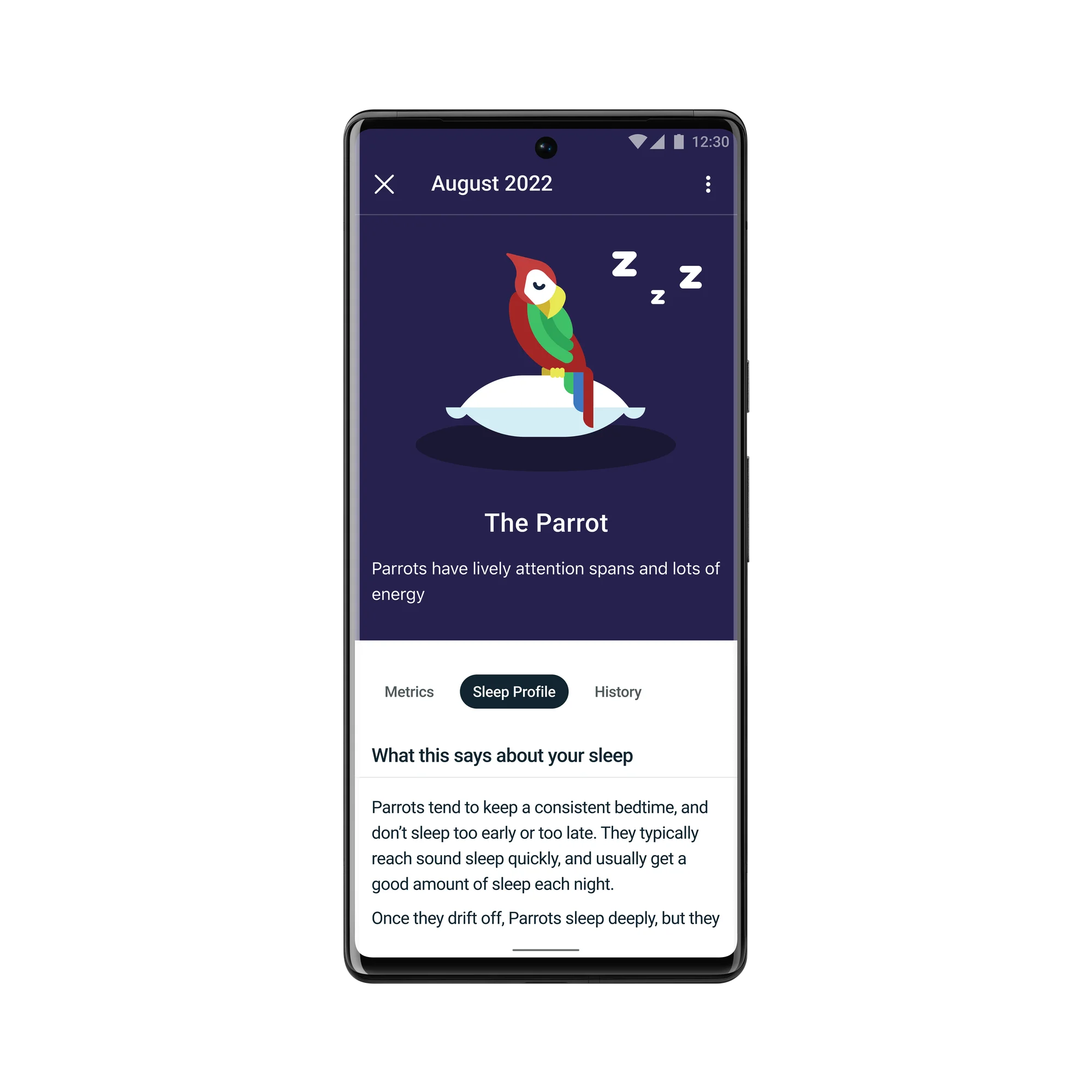 Fitbit premium in-app screen picturing a sleeping parrot with explanations of the sleeper type.