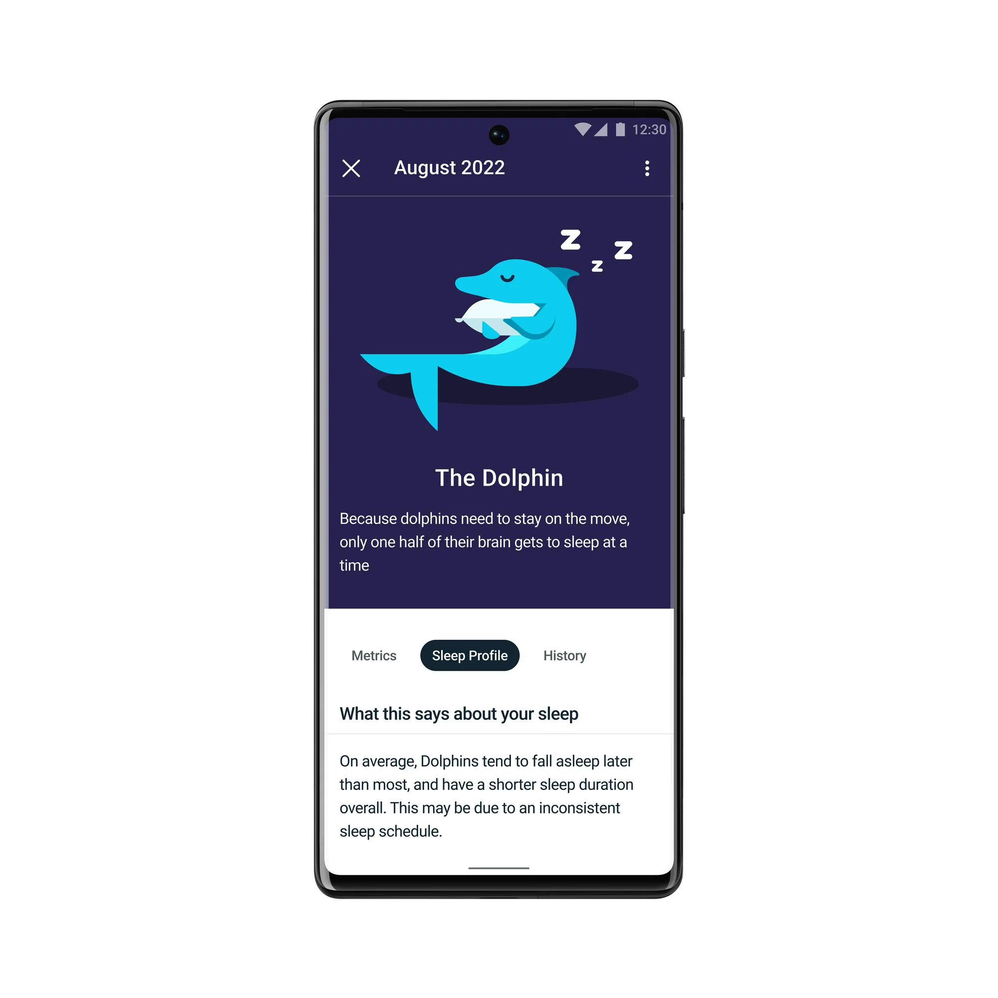 Fitbit premium in-app screen picturing a sleeping dolphin with explanations of the sleeper type.