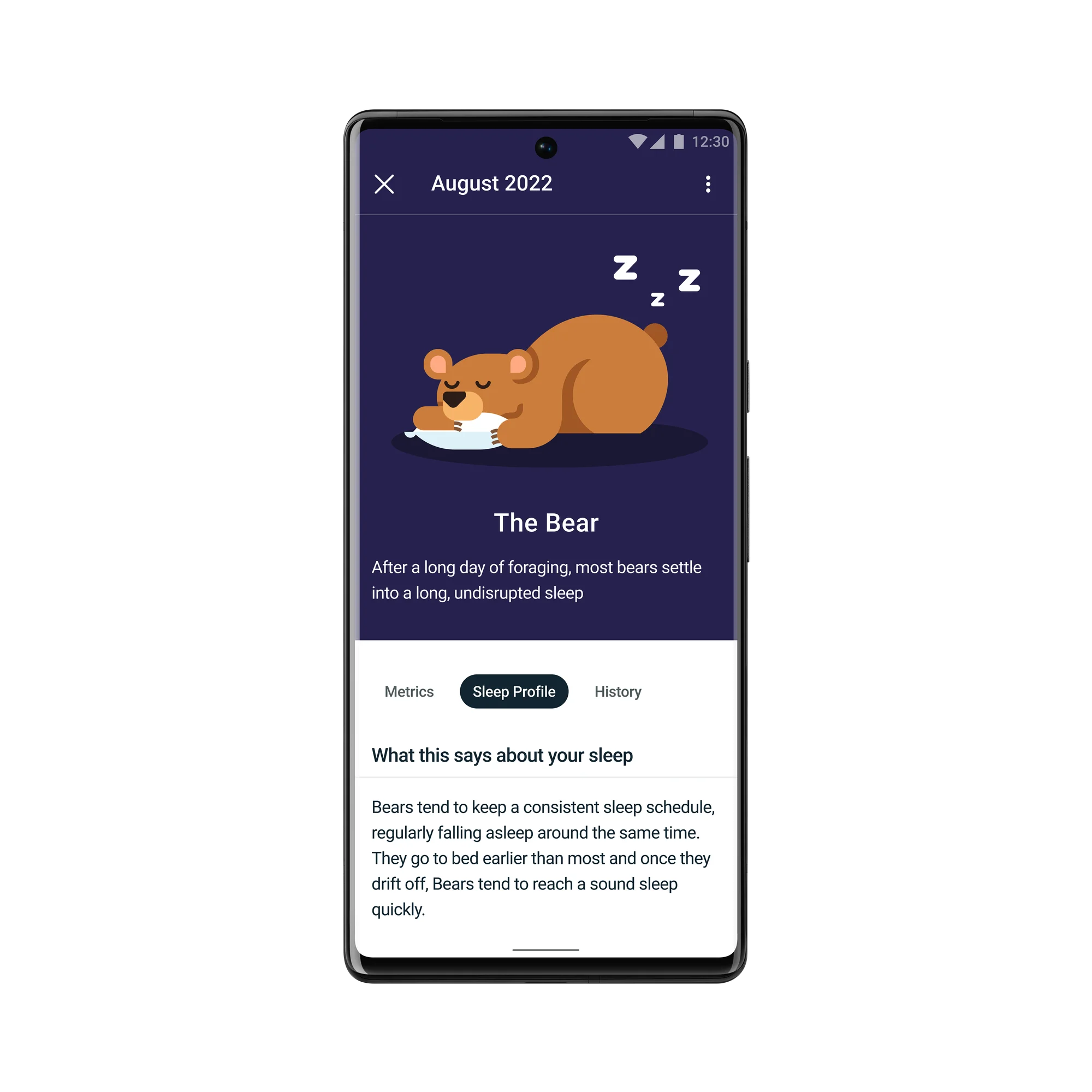 Fitbit Premium in-app screen picturing a sleeping bear with explanations of the sleeper type.