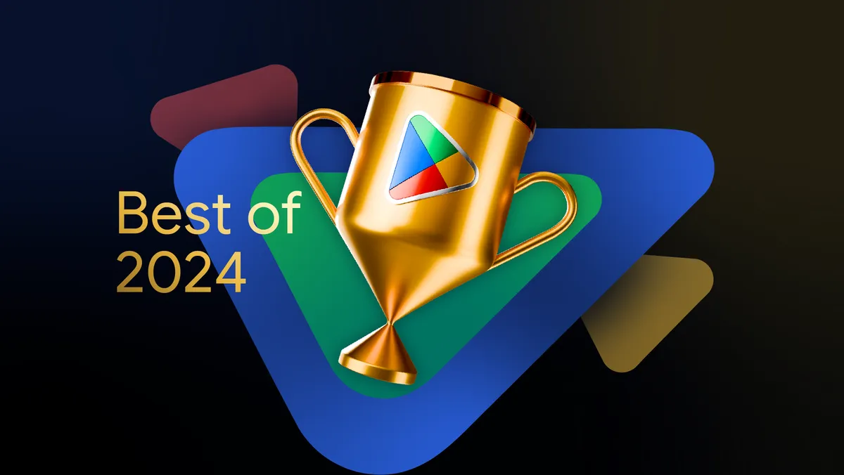 A golden trophy embossed with the Google Play logo sits at the center of layered prism shapes in the Google Play colors, layered in green, blue, yellow and red. The stacked prisms are floating over a black background. To the left of the trophy the text re