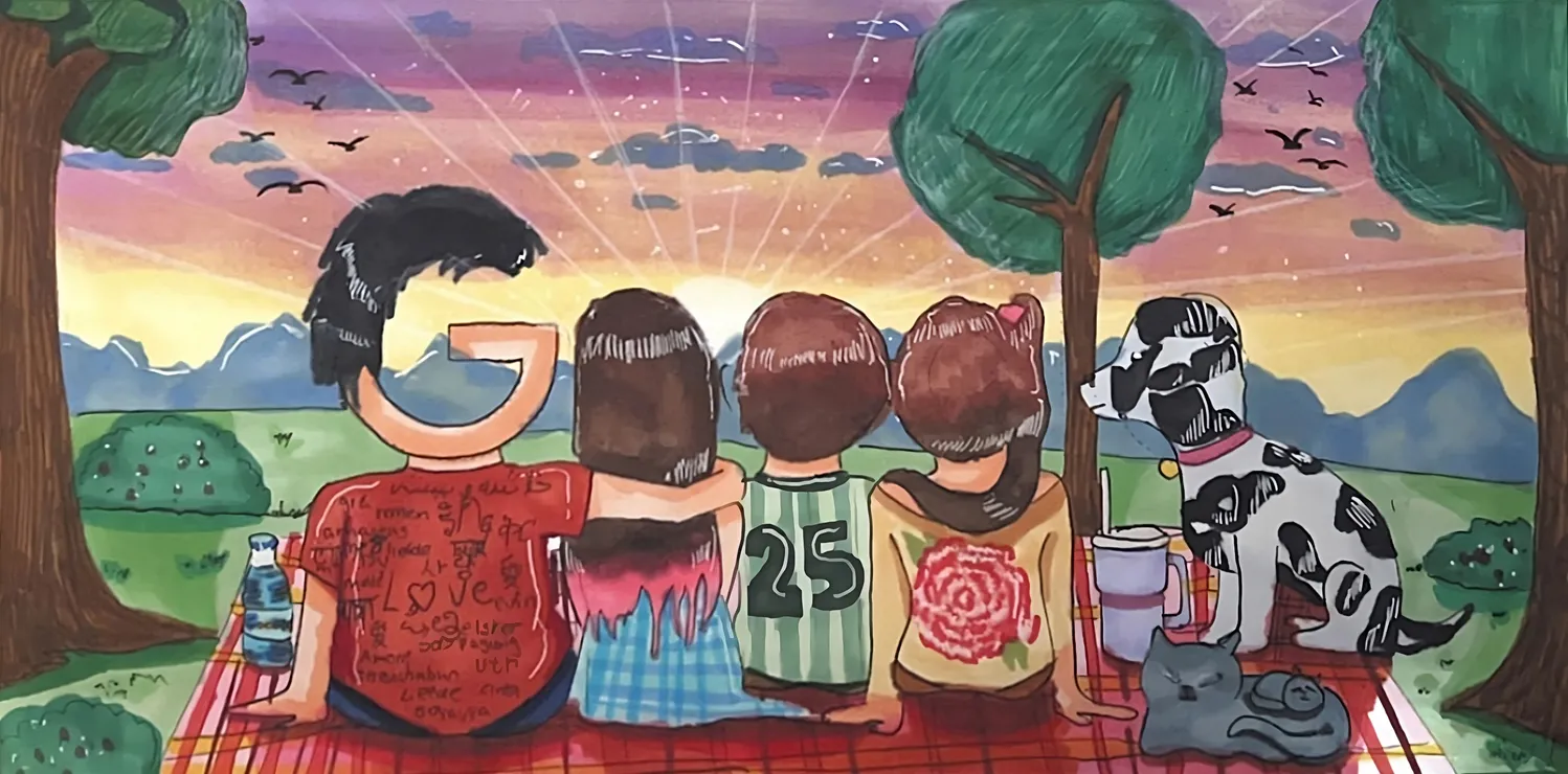 A drawing of a family of four and two pets sitting on a red blanket in front of a sunset. The family consists of a man, a girl in a blue shirt, a boy in a jersey with the number 25, and a girl in a floral-patterned shirt. They are accompanied by a cat and a dog. The Google logo is incorporated into the scene, with the man's head forming the first "G", the girl and boy’s heads forming the two "O"s, the girl’s hair  forming the second "G," a tree forming the "L," and the dog forming the “E.”