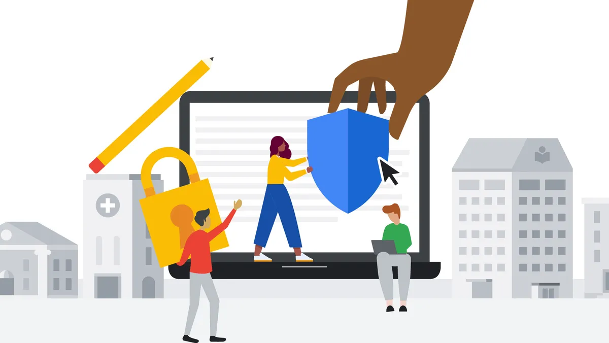 Illustration of students standing on a giant computer, holding shields and a lock to signify they are protecting organizations pictured in the background: a hospital, library and local government.