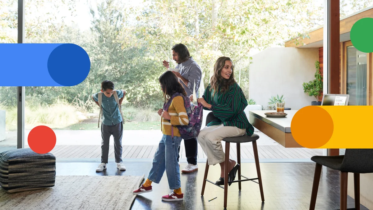 A family of four in their morning routine preparing for school and work