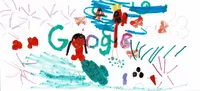 A drawing of a mermaid swimming with a blue/green tail in the blue ocean. There is a red dragon in the sky. There are butterflies stamped around the drawing. The Google logo is incorporated into the scene, with green letters forming the "G," the mermaid's head replacing the "O," another "O" made from green, blue, and pink, a green "G," the dragon's body forming the "L," and a red letter for the "E.”