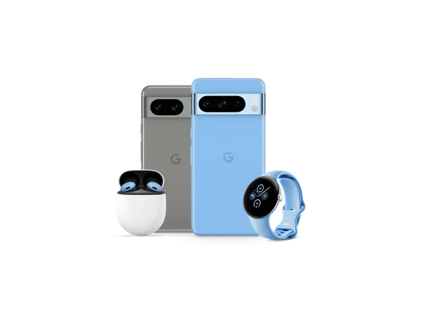 An image of Pixel 8 in Hazel, Pixel 8 Pro in Bay, Pixel Buds Pro in Bay and Pixel Watch 2 with a Bay band.