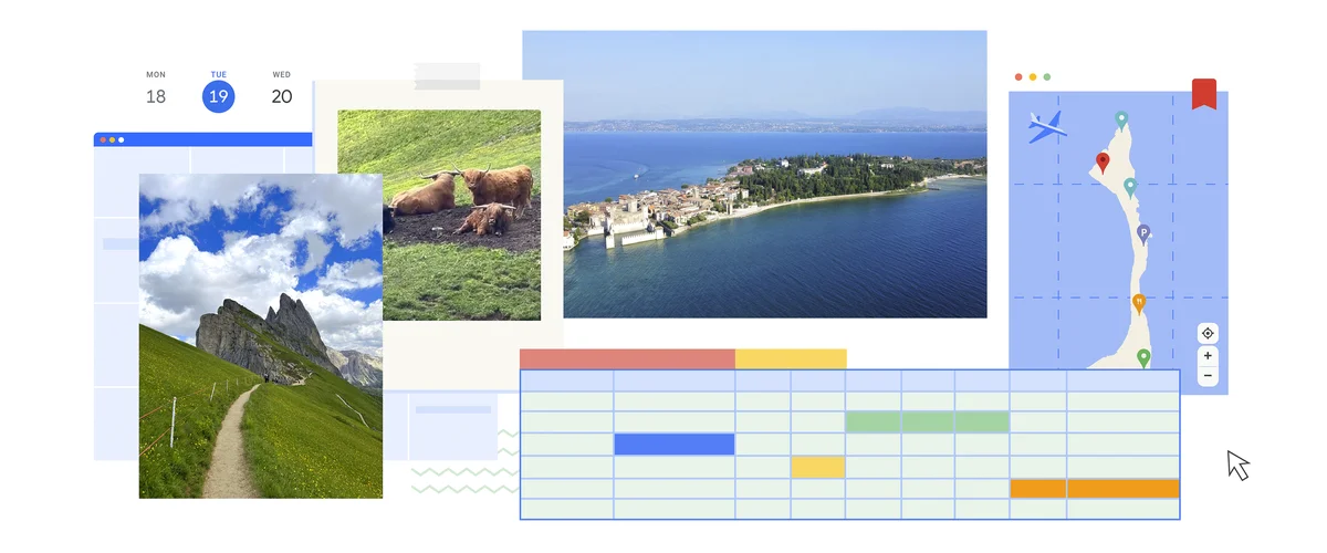An abstract illustration of various Google products like Sheets, Maps and Calendar, arranged against photographs of a mountain, a field of cows, and an overhead aerial shot of an island.