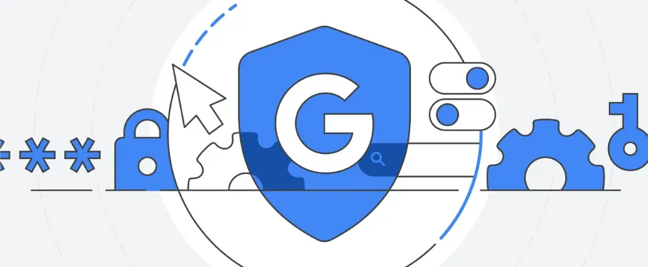 Illustration of a G on a blue shield with icons around it denoting 'security' like cogs, a padlock and on/off switch buttons