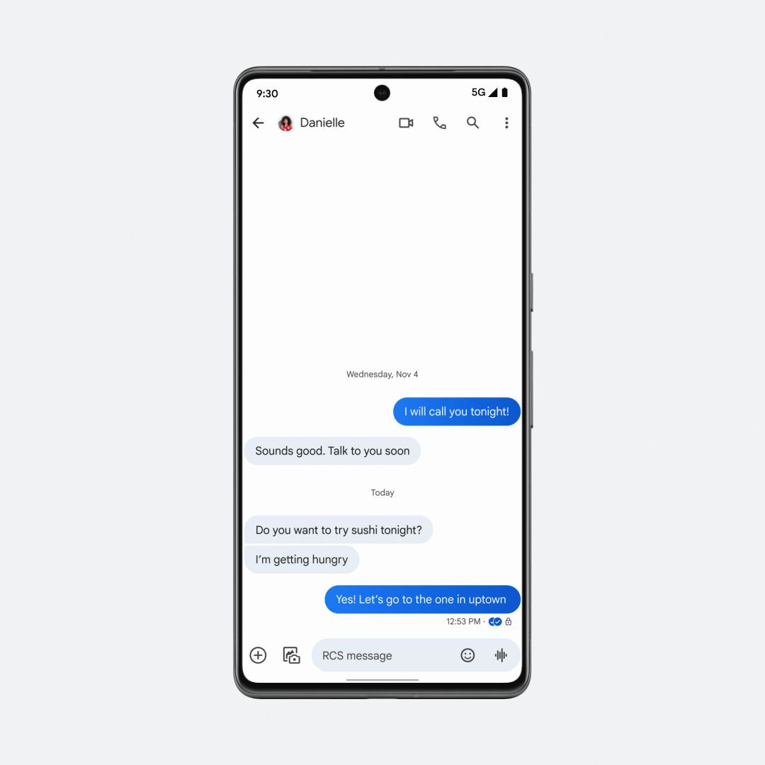 Reacting to a text in Google Messages with a thumbs-up emoji, and then the screen shows a large animated emoji made up of three large thumbs-up emoji that are moving around on an Android phone.