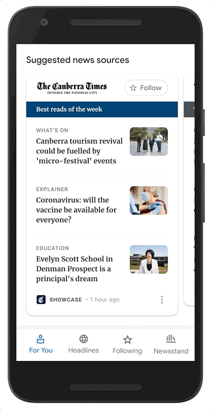 A GIF showing an example of Google News Showcase in Australia