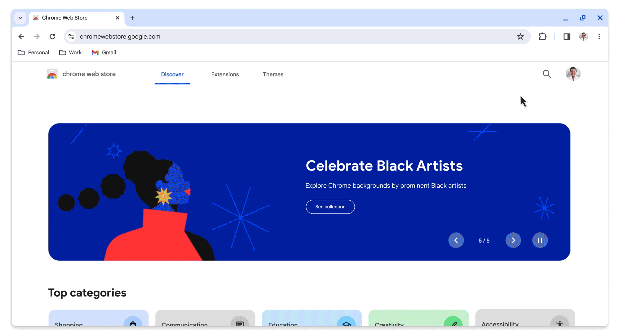 The new Chrome Web Store homepage shows a banner reading “Celebrate Black Artists.” The page scrolls down to show a section called “Editors Picks for you” and “Color themes by Chrome,” stopping at an “Eclipse your Screen” banner for dark mode themes. The cursor moves to click on a Honeysuckle Chrome theme.