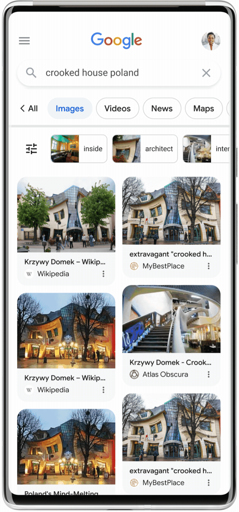 This GIF shows an example of how About this image, a new feature that helps people learn more about an image online, works. It shows a crooked house image that looks like it might not be real, but using the About this image feature a user is able to find sources online that help them understand it is a real house.   Image credit: “The crooked house in Sopot” by Topory, licensed under CC BY-SA 3.0