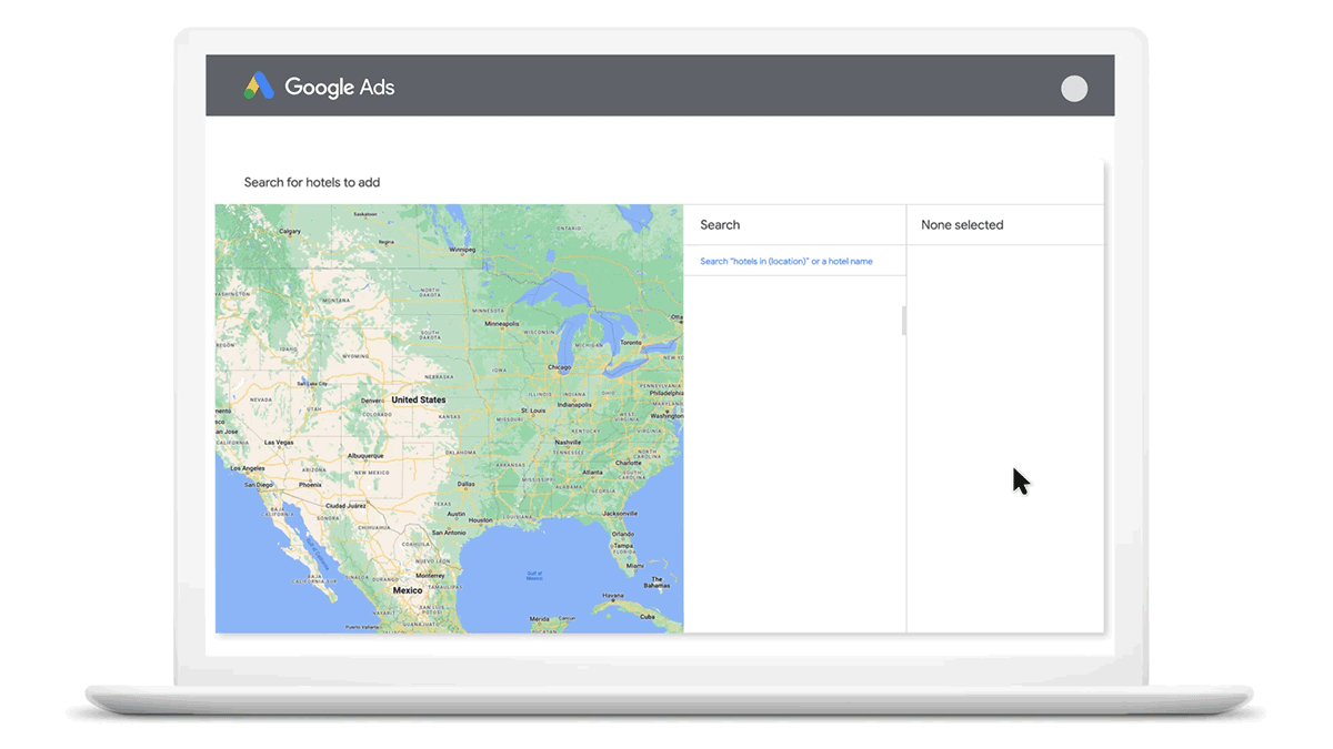 Gif of a laptop screen showing a search for “Your Hotel” on the Google Ads interface, and a cursor selecting a location from a map.