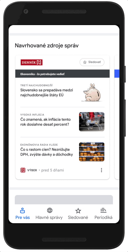 This GIF shows examples of News Showcase panels from publishers in Slovakia as they scroll through Google News. Publishers appearing include Nový čas, Denník N, SME, TA3, Topky and Webnoviny.