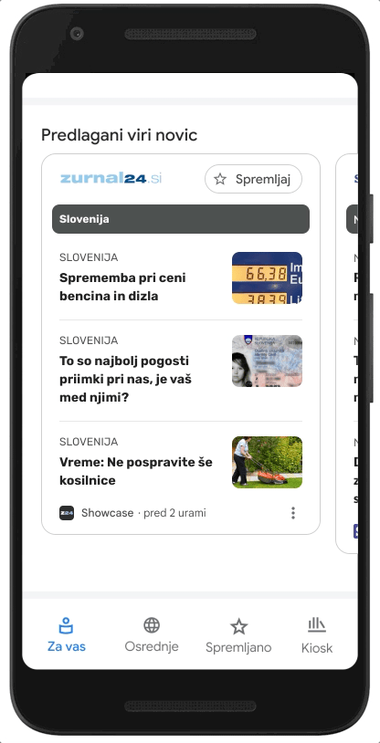 This GIF shows a variety of News Showcase panels, with headlines and images, of news from organizations in Slovenia.