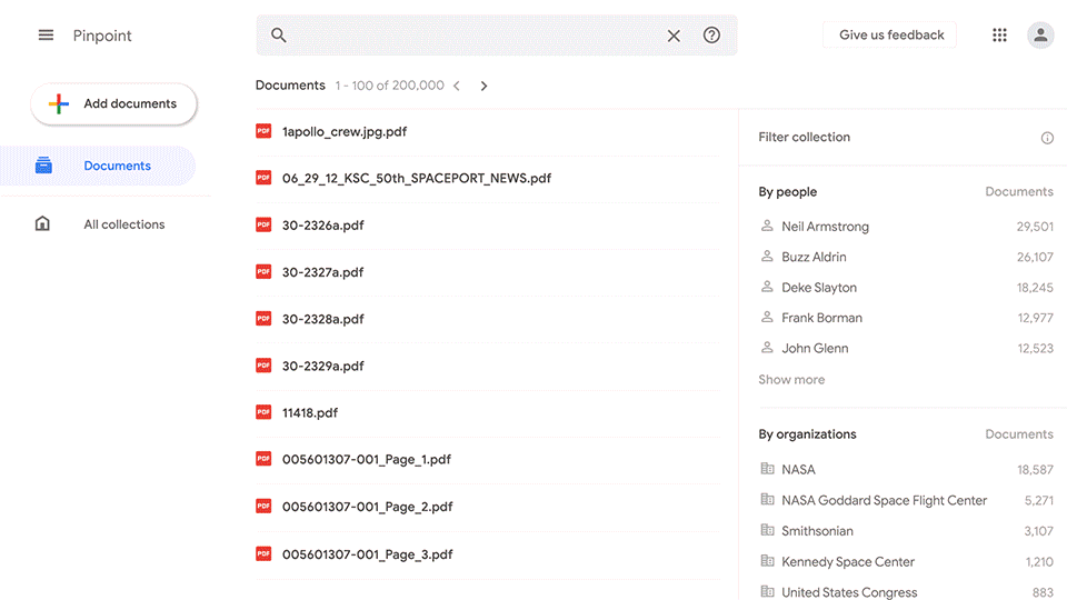 This GIF shows different ways that Pinpoint helps news organizations go through documents. For example, typing in a search for STDN Mission will bring up results in hand written notes, photos and text documents.