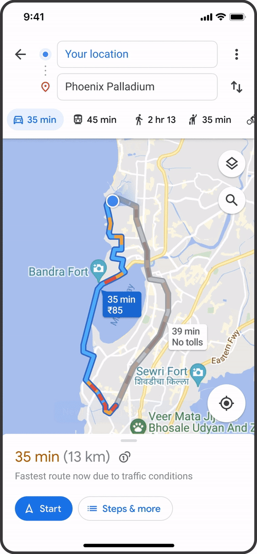 Phone screen showing new toll prices in Google Maps