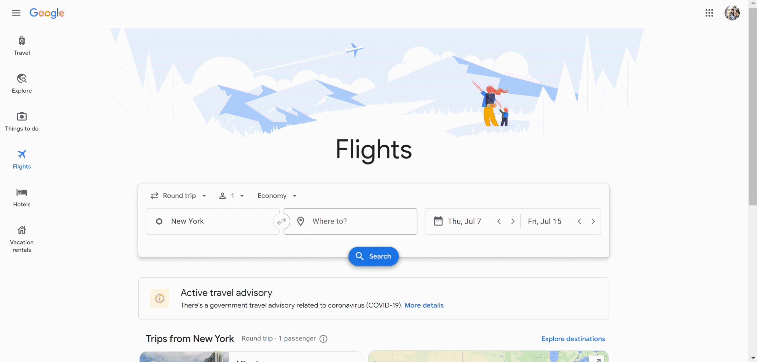 The Google Flights interface on a web browser, with a search entered for New York City to Rome. The animation shows a mouse cursor opting into price tracking emails for any dates.