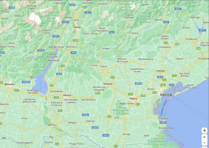 Animated GIF of a Google Map showing Italy; the cursor zooms in to Lake Garda revealing the small town of Sirmione.
