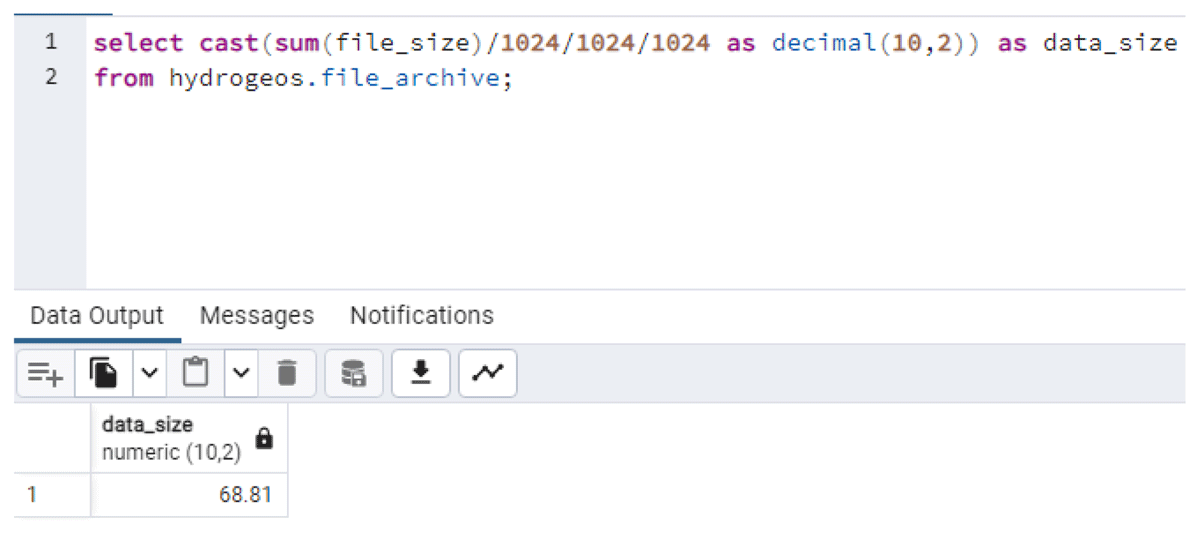 Query that sums file size of raw data in gigabytes