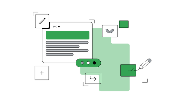 An array of squares and drawing tools around a web browser window represents how generative AI can help brands with their creative marketing.