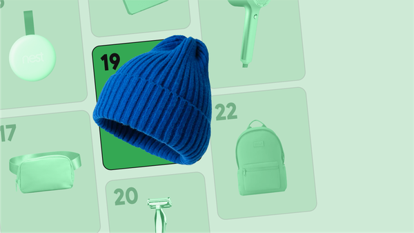 A blue knitted cap fills a calendar grid for January 19. A green calendar grid, with holiday gifts in each square, fills the background.