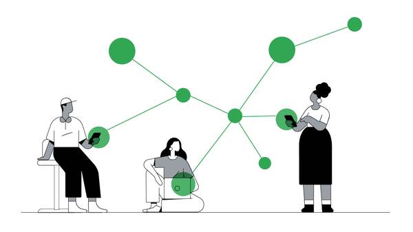 Tres personas interactúan con sus smartphones y portátil, con una red de puntos verdes que los interconecta.